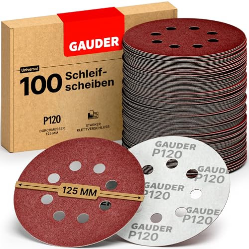 GAUDER Schleifscheiben für Exzenterschleifer Ø 125mm - Klett Schleifpapier 8 Loch - Schleifblätter rund für Holz, Metall und andere Materialien (P120 Körnung - 100 Stück)