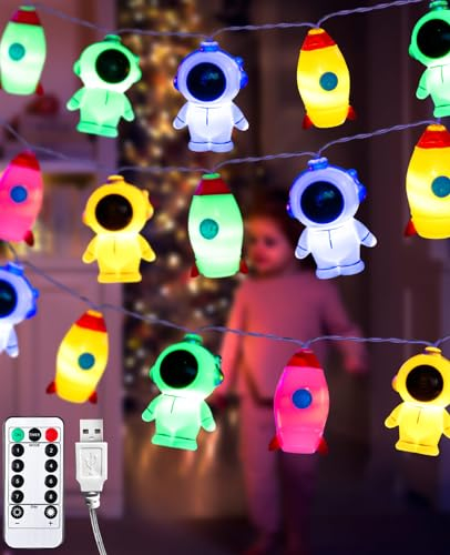 AceList Lichterkette Kinderzimmer, 3M 20 LED Lichterkette Kinder Mit Batterie und Timer USB, Bunt 8 Modi Lichterkette Astronaut Rakete Wolken Regenbogen für Kinderzimmer, Geburtstagsparty Wanddekor