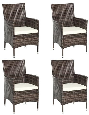 Outsunny 4 Pieces Outdoor PE Rattan Dining Chairs Set with Cushion, Garden Armchair with Armrests, High Backrest, Metal Frame Patio Wicker Furniture, Mixed Brown