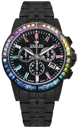 LOUIS XVI Majesté Iced Out 1129 - Ø 43 mm - Herren Uhr - Wasserdicht - Mit Saphirglas - Armband Schwarz - Zifferblatt Schwarz - Schweizer Quarzwerk