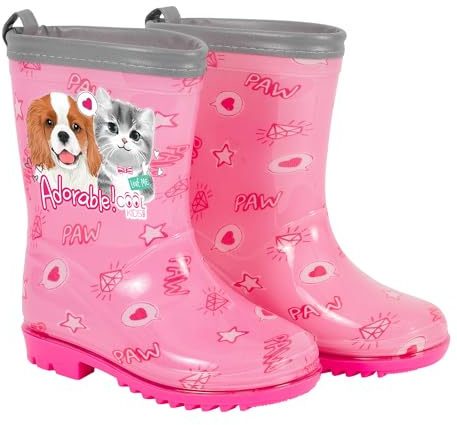 PERLETTI Stivaletti Bambina Pioggia con Cuccioli - Stivali Impermeabili Bimba Rosa con Bordo Riflettente - Galosce per Bambine Scuola Materna Suola Antiscivolo in PVC - 5 Taglie (Cane e Gatto, 28/29)