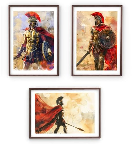 MJ-GRAPHICS® Poster Set Spartanische Krieger Jungen Gamer & Jugendzimmer Bilder Sparta Poster Gaming Zimmer Deko, 3xA4 Antike, Griechische Leonidas, Sparta Bilder Wanddeko Deko Bilder ohne Rahmen