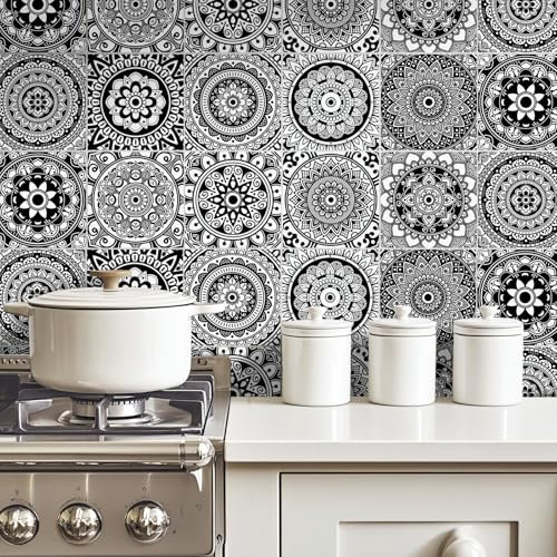 20pcs Black and White Mandala Moroccan Tile Stickers, Kitchen Bathroom Wall Tile Stickers Peel and Stick on Tile Transfers Covers Decals Self Adhesive Vinyl Waterproof Mosaic (15cm x 15cm, 6x6 inches)