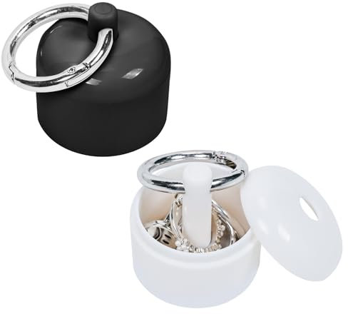2 Stück Tragbare Reise Schmuckhalter,Mini Ringhalter,ABS Kunststoff Ring Aufbewahrung,Ring Organizer mit Schlüsselanhänger,Schmuck Aufbewahrungsbox,für Ohrringe,Ringe,Halsketten(Schwarz,Weiß)