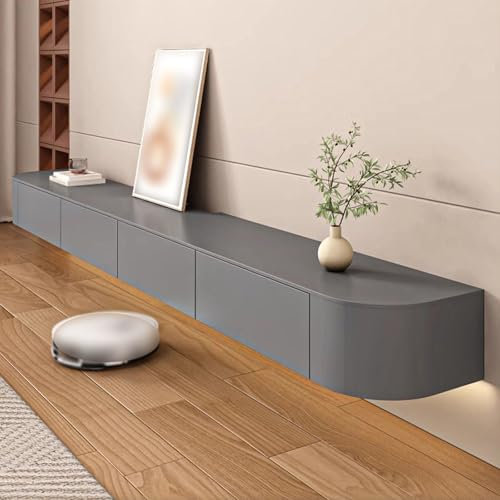 Moderno mueble de TV flotante de pared gris con estantes abiertos y compartimentos ocultos, elegante consola multimedia para apartamentos, 240 cm