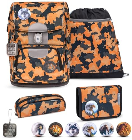 Belmil Motion ergonomisches Schulranzen Set 5-teilig aus recyceltem Material mit Brustgurt, Hüftgurt, Magnetverschluss, Patch Set 6 Stück (405-74/AG/S) (Orange Camouflage 2025)