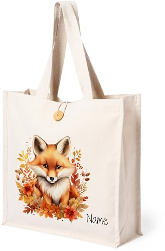 GRAZDesign Baumwolltasche Fuchs personalisiert mit Namen Einkaufstasche nachhaltige Tragetasche mit Tiermotiven, umweltfreundliche Stofftasche
