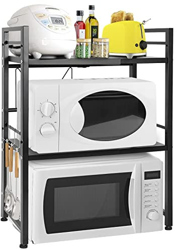 OUUTMEE Estante extensible para microondas, estante de microondas ajustable de acero al carbono, organizador de mesa de cocina plegable para tostadora (3 niveles), color negro