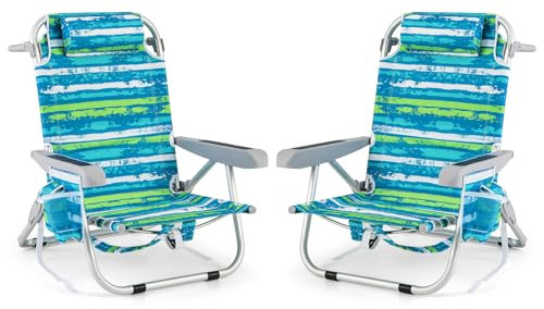 COSTWAY Strandstühle klappbar leicht, 2er Set, Campingstühle mit Verstellbarer Rückenlehne, Kopfstütze, Seitentaschen, Schultergurten, Handtuchhalter & Armlehnen, Klappstühle, Outdoor-Stühle