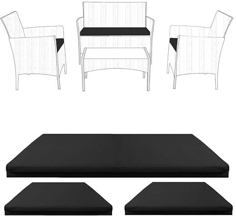 3-Piece Replacement Cushion Set for Rattan Chairs & Sofa | Comfortable Padded Patio Cushions | Indoor & Outdoor Garden Furniture Seat | Water-Resistant & Durable Covers (Black)