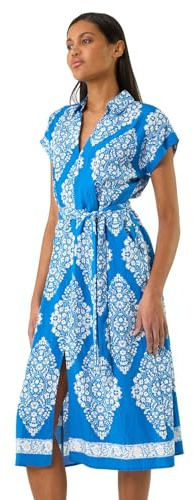 Roman Shirt Dress for Women UK Ladies Short Sleeve Sleeveless Belted Collared Midi Maxi Summer Spring Smart Casual Button Evening Office A Line Swing Skater - Royal Blue Geo - Size 16