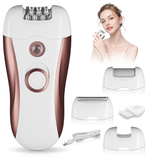 Epilierer Damen für Haarentfernung, Epeliergerät Körper 4 in 1 Elektrischer Kabelloser, Wet&Dry Schmerzlos für Gesicht Beine Arme Bikini, mit 4 Zubehörteilen, Rasierer, Langhaarschneider und Pediküre