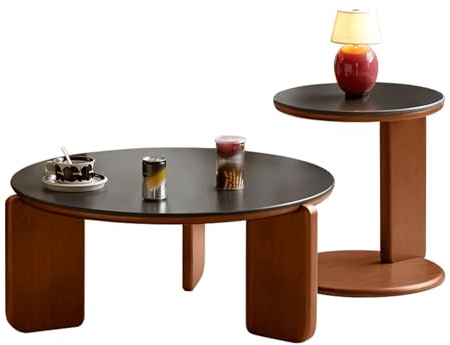 YESWOOD Couchtisch Rund 2er Set, Keramik Sinterstein Tischplatte 11 mm, Massivholz Couchtisch mit Tulpenbaumholz, Satztisch Sofatisch & Beistelltisch Ø80 + Ø45 cm, Schwarz