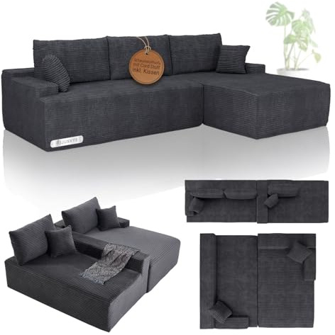 Juskys Sofa Coredo - modernes Cord Sofa mit Ottomane rechts, gemütliche Couch mit Schaumstoffpolsterung, Cordbezug & Kissen, modular - Dunkelgrau