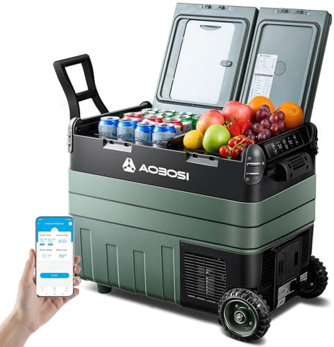 AAOBOSI 50L Kompressor Kühlbox, Dual Zone, Camping Kühlschrank mit APP | LED-Beleuchtung,12/24V und 100-240V, USB-Anschluss, -20°C bis 20°C,Kühlbox Kompressor für Auto, LKW, Boot, Camping und Reisen