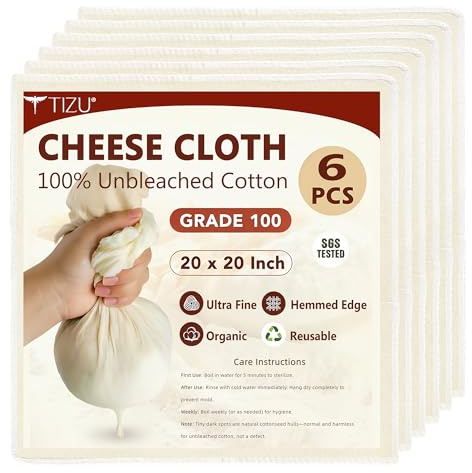 Grade 100+ Käsetuch & Passiertuch 50x50cm 4/6/12 Stück Wiederverwendbar Waschbar Ungebleichte Bio-Baumwolle Cheesecloth Fein Gewebt Fusselfrei Filterbeutel für Nussmilch Joghurt Kaffee (6 Stück)