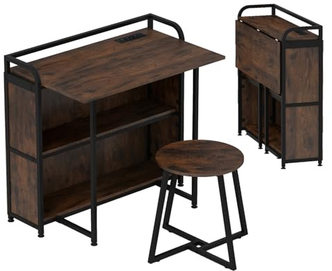 CASART Folding Desk with Stool, 90cm Computer Desk and Stool Set with Charging Station & Storage Shelves, Space Saving PC Laptop Writing Table Chair Set for Home Office (Rustic Brown)