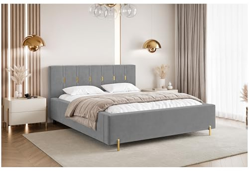 MEBLINI Fabio Polsterbett 160x200 mit Stauraum - Lattenrost und Bettkasten - Kopfteil Bett mit Stauraum - Doppelbett - Stauraumbett - Betten - 160x200 - Grau Samt ohne Matratze