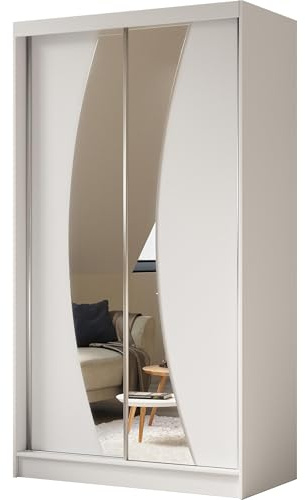 BEAUTY SOFA Vox - Schrank mit Spiegel - Kleiderschrank mit Schiebetüren - Garderobenschrank, Mehrzweckschrank, Flurschrank - 120cm breit - Weiß Matt
