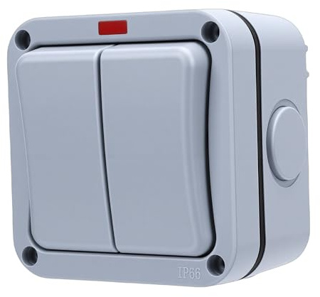 Fabater Interrupteur D'éclairage Extérieur, Double Interrupteur Extérieur 20 A IP66 avec Voyant Lumineux, Interrupteurs Muraux ABS 2Voies pour Jardin, Piscine, Cour