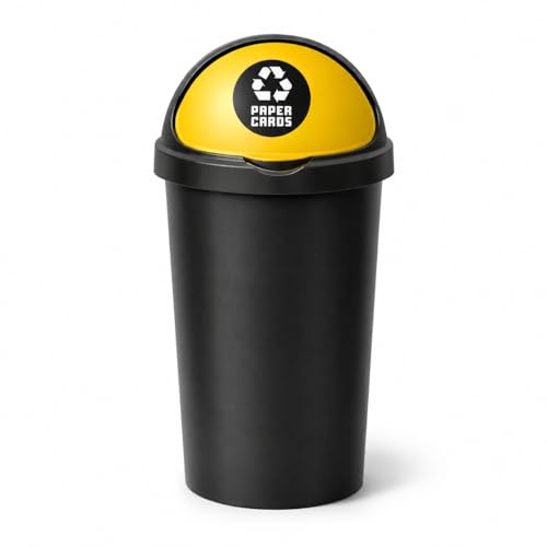 SPECTRAPLAST® 50L Bullet Bin with Coloured Lid & Sticker, Large Kitchen Rubbish Bin, Plastic Waste Bin for Home, Office, Bathroom & Utility Room, Indoor Recycling Dustbin (YELLOW, PAPER CARDS)
