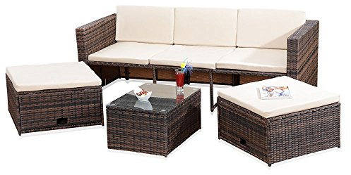 Melko Lounge Gartenset, Polyrattan, Sofa-Garnitur mit Glastisch, inklusive Kissen, Braun
