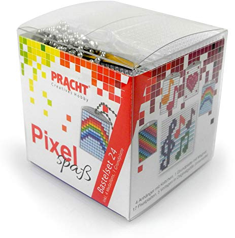 Pracht Creatives Hobby Pixel P90045-63501 Spaß Bastelset 24, zur Gestaltung von 4 Schlüsselanhängern für Kinder, kinderleichtes Stecksystem, ohne Bügeln und Kleben, Steinchen aus Biokunststoff