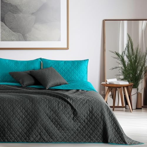 DecoKing Tagesdecke 220 x 240 cm Petrol Graphit grau Bettüberwurf zweiseitig pflegeleicht Axel