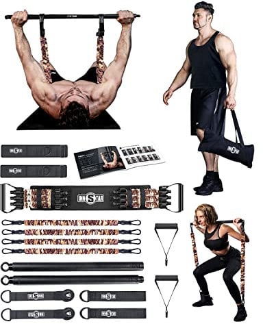 INNSTAR Portable Home Gym Set with Workout Bar, Bench Press Set, Squat Resistance Band, Door Anchor and More-Full Body Workout Equipment to Build Muscle and Shape Body (Brown|200LB)
