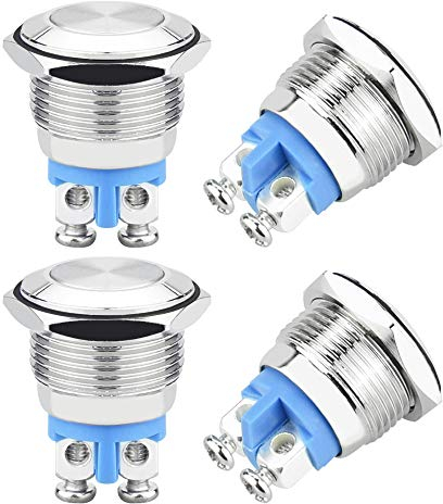 TANCUDER 4 PCS Pulsador de Botón Metálico Momentáneo Botón Pulsador Impermeable Interruptores de Botón Metal Mini Interruptor de Botón de Enganche DC 36V 1A para Coche Lámpara Timbre (16mm)