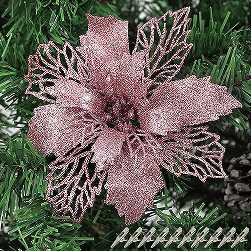 Yueshop 10Pcs Large Glitter Poinsettia 16CM Christmas Flowers Decor Ornament - Artificial Tree Ornaments Decorative (Rose Gold)