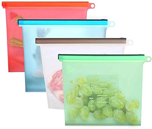 ProLeo 500ml Silikonbeutel Lebensmittel Beutel Wiederverwendbar, Beutel Wiederverwendbare aus Silikon mit Baggy Rack für Obst Gemüse Milch Snacks Fleisch (4 Packungen)