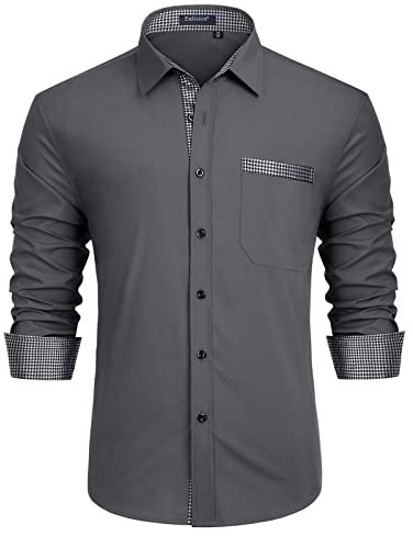 Enlision Mens Shirts Long Sleeve Button Up Dress Formal Texudo Charcoal Grey a Shirts for Men UK Regular Fit with Pocket for Casual Office M