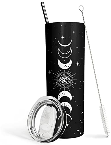 Goth Moon Tumbler with Lid and Straw, Moon Phase Gothic Decor, Black Vacuum Insulated Stainless Steel 20 Oz Witchy Tumbler Cup- Halloween Spooky Gifts for Women, Goth Witch Stuff Coffee Travel Mug