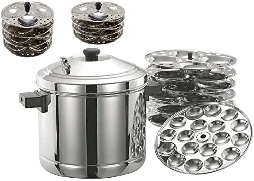 Kas Idli Cooker Maker Idly Dhokla Momos Steamer 6 Plates 24 Idlis with Free 2 Stand 32 Induction Compatible, Silver
