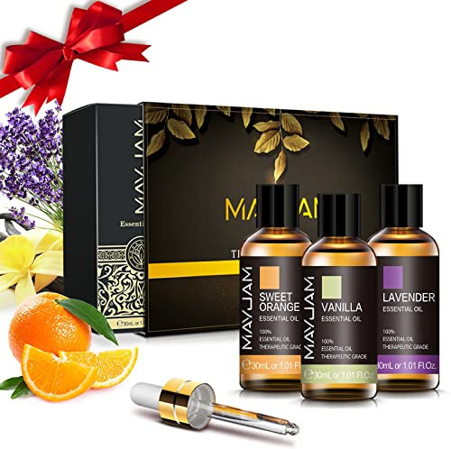 MAYJAM Aceites Esenciales Juego de Regalo 3 * 30ml Naranja dulce Vainilla Lavanda Aceites Esenciales, Aromaterapia Aceites Esenciales Set de Regalo para Difusor, Hhumidificador