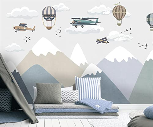TANYANG Cartoon Tapete Wandbild Mode Kinderzimmer Dekoration 3D Tapete Berge Flugzeug Wolken Landschaft Heißluftballon Kinder Tapete 300Cm(W)×210Cm(H)
