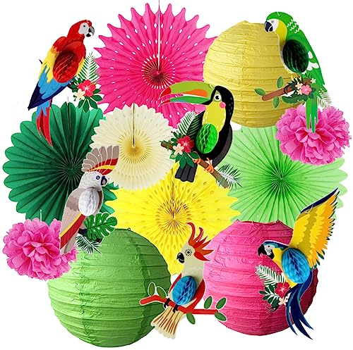 Parrot Toucan Party Decorations Green Paper Fans Yellow Paper Lanterns Fushia Pom Poms Kit Tropical Party Decorations for Luau Tiki Hawaiian Birthday Baby Shower Party Decor