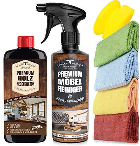 SPARSET Premium Möbelreiniger + Holz Pflege Öl dunkel + Schwamm+ 4x Mikrofasertücher zur Reinigung & Pflege von Holz Möbel & Leder | Möbelpflege & Holzpflege von URBAN FOREST