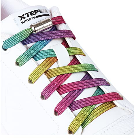 Olukssck 2 Pares Cordones Elasticos Zapatillas Deporte para Niños y Adultos, Cordones Elasticos 6 mm de Ancho Sin Nudos con Hebilla Metal, No es Necesario Atar Cordones de Zapatos, 110cm, Arco Iris