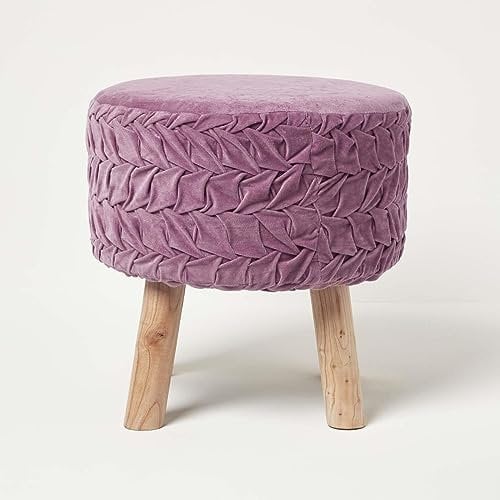 HOMESCAPES Lilac Purple Velvet Footstool 40 cm Tall Lyla 100% Cotton Velvet Pleated Round Pouffe on Solid Wooden Legs Upholstered Footrest