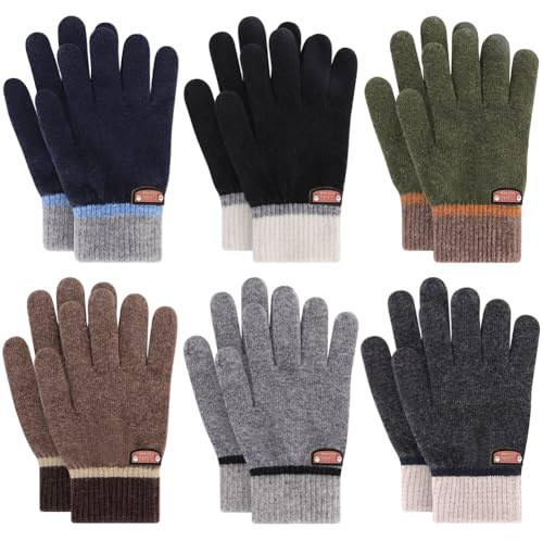 GOHI 6 Pairs of Kids Gloves Boys Winter Gloves Stretchy Full Fingers Knitted Gloves Wool Fleece Lined Mittens,6-12Years