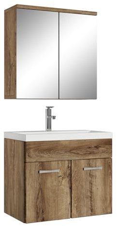 Badplaats B.V. Badezimmer Badmöbel Set Montreal 01 mit Spiegelschrank 60cm Waschbecken Braun Eiche - Unterschrank Waschtisch Möbel