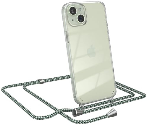 EAZY CASE Handykette kompatibel mit iPhone 15 Plus Handyhülle mit Umhängeband, Handykordel Schutzhülle, Silikonhülle, Hülle Band, Stylische Kette für Smartphones, Hell Grün Camouflage - Clips Silber