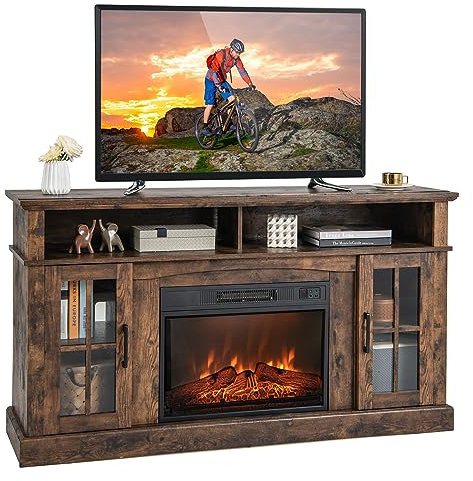 COSTWAY Electric Fireplace Insert TV Stand, Entertainment Center Console Table with Adjustable Flame, Overheat Protection Fire Heater & Remote (Brown, with RGB LED Lights, 23” Fireplace, for 65” TV)