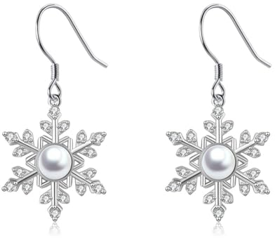 Deyanse Schneeflocke Ohrhänger Silber 925, Hypoallergen Weihnachten Haken Ohrringe für Damen, Weißgold Ohrhänger mit Weiß Perle Zirkonia, Schnee Ohrringe mit Geschenkbox zum Weihnachtstag Geburtstage