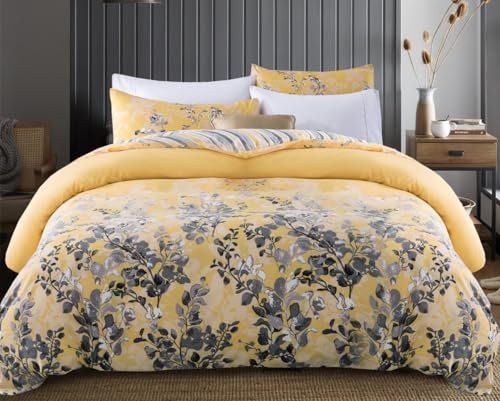 Hafaa Duvet Cover Sets Brushed Microfibre Single Duvet Cover Set with Pillow Case Ultra Soft Reversible Printed Single Bedding Sets Fade and Wrinkle Resistant Quilt Cover (Ochre Blossom)