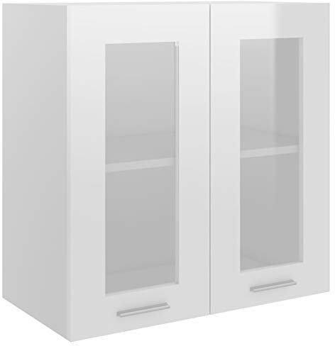 Gecheer Kitchen Wall Cabinet, Hanging Glass Cabinet, Wall Mounted Kitchen Cabinet, Floating Kitchen Storage Cupboard, Double Glass Doors with Shelf High Gloss White 60x31x60 cm Engineered Wood