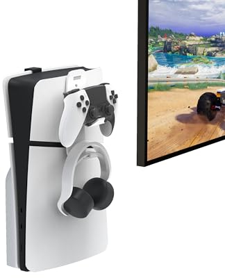 EJGAME Steel Wall Mount Bracket Compatible with PS5 Pro/Slim/PS5, Stable Metal Wall Hanging Stand for PS-5 with Controller Holder & Headphone Hanger,Black