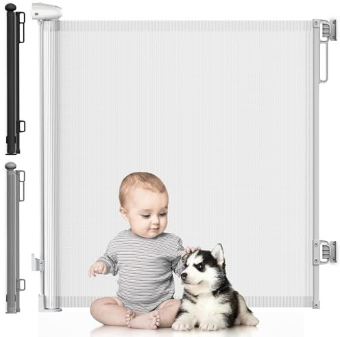 DIKOTS White Retractable Stair Gate for baby & Pet - 140 cm wide & 86 cm tall extendable baby gate - Retractable Stair Gates for Dog & cat - Baby gate for stairs, Indoor & doorways